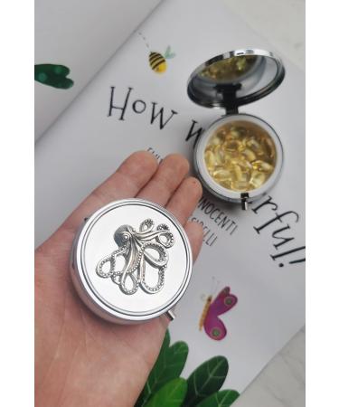 Small Travel Pill Box for Purse | Vintage Metal Pill Organizer for Vitamins & Medicine | Cute Round Portable Pill Holder (Octopus Design - Buy Online on GoSupps.com