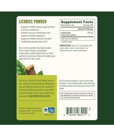 Banyan Botanicals Licorice Powder Organic Licorice Root Powder (Glycyrrhiza Glabra) for Supporting Healthy Digestion and Respiratory System Function* 1 lb. Non-GMO Sustainably Sourced Vegan - Buy Online on GoSupps.com
