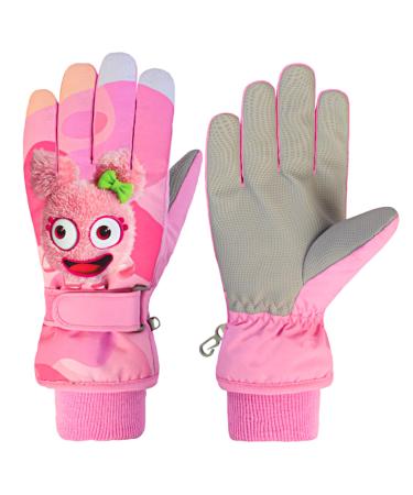 Kazaigou Gloves Children Winter Snow Down Shoes Ski gloves for 4-9 years Girls Boys Pu palm Windproof Windproof Warm Fleece Winter gloves Bicycle glove-moss shoes skiing S pink