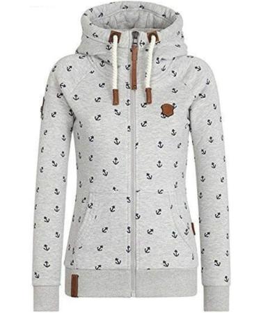 Bigfanshu Womens Hooded Sweatshirts Flocking Thicken Print Jackets Tracksuits Zipper Female Sportswear Light Grey - Buy Online on GoSupps.com