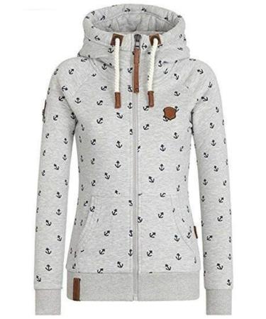 Bigfanshu Womens Hooded Sweatshirts Flocking Thicken Print Jackets Tracksuits Zipper Female Sportswear Light Grey