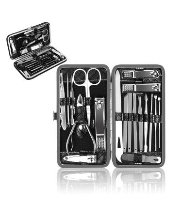Manicure Set, MUIIGOOD 19 pcs Pedicure Kit Nail Clippers Tool Nail Care Professional Travel Grooming Kit Tools Gift Stainless Steel with Luxurious PU leather case For Women Men Friends Parents 19 Piece Set Silver