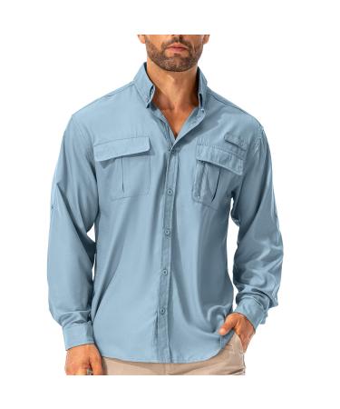 Shirt men Safari Upf50+ UV protection hiking shirt men long -sleeved function shirt outdoor shirt breathable fast drying casual button down shirts l blue