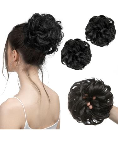 SARLA 2PCS Messy Hair Bun Hair Piece Small Scrunchies Synthetic Bun Hairpieces for Women Girls Updo Hair Extensions (Off Black) Off Black-2PCS