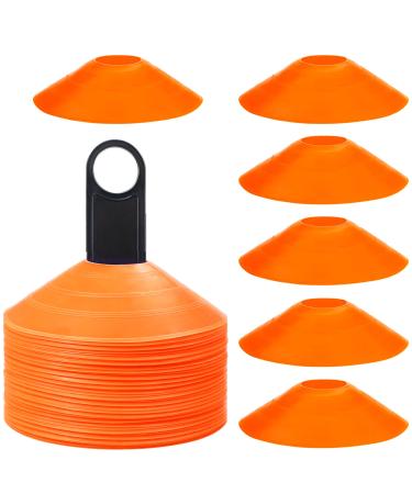 Faxco 50 Pcs Orange Mark Disks with Shelf and Net Bag, Soccer Cones with Holder for Training, Football, Sports, Field Cone Markers Outdoor Games Supplies