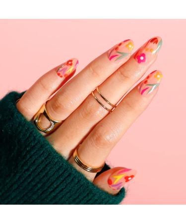 Medium Press On Nails  BettyCora SPRING SUMMER NAILS Press Nails 24 Fake Nails with Nail Glue Stick on Nails for Women Acrylic nails Press On Manicure Kit (Innocent Flower Park) A17- Innocent Flower Park - Buy Online on GoSupps.com