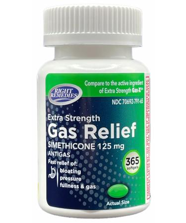 RIGHT REMEDIES Gas Relief Simethicone 125 mg (365 Softgels) Fast Relief from Gas Bloating Fullness Painful discomfort Compare to Gas-X Extra Strength Active Ingredient