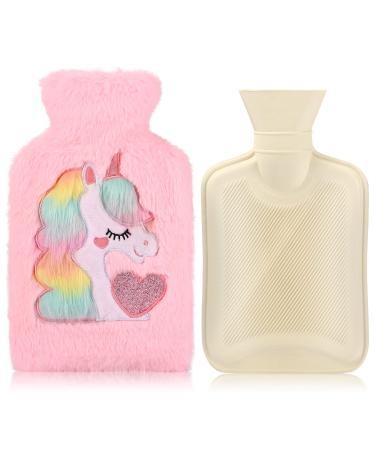 Hot Water Bottle with Cover Removeable & Washable Soft Unicorn Plush Bottle Cover Warm in Winter Natural Rubber 1 L for Neck Waist Back Legs Shoulder (Pink)