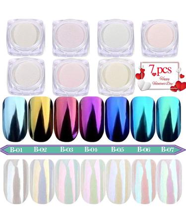 PrettyDiva Chrome Nail Powder - 7 Colors Pearl Chrome Nails Powder Aurora Mica Powder Pigment Set, Metallic Nail Powder Mirror Effect White Chrome Powder Iridescent Nails Powder Manicure Pigment pearls chrome