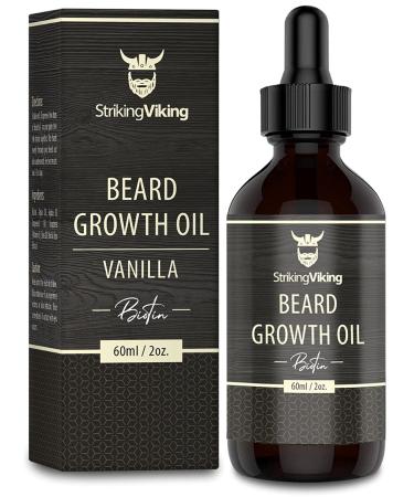 Beard Growth Oil with Biotin – Thickening and Conditioning Beard Oil - All Natural Beard Growth Serum Promotes Facial Hair Growth for Men by Striking Viking, Vanilla Vanilla 2 Fl Oz (Pack of 1)