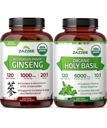 Zazzee Organic Holy Basil and Korean Panax Ginseng Extract Capsules | 10:1 Tulsi Holy Basil Extract Plus 20:1 Ginseng Supplement | Adaptogen Support Bundle