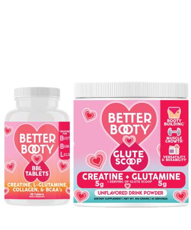 Angry Supplements Better Booty Women's Creatine Combo: BBL Tablets (90ct) w. Creatine Glutamine BCAA's Collagen + Glute Scoop Creatine & Glutamine Unflavored Drink Mix