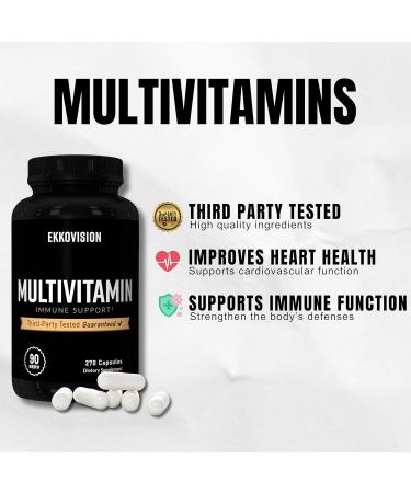 Ekkovision Multivitamin Includes Vitamin B C E D3 & K2 Zinc Selenium Biotin & Folic Acid Iron Free Formula Plant Based Multi Vitamin for Men & Women 90 Servings 270 Veggie Capsules 270 Count (Pack of 1) - Buy Online on GoSupps.com
