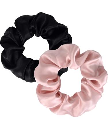 Silk Scrunchies Set with Silk Travel Pouch - Pink Black Oversized Hair Ties x2 | 100% Pure Mulberry Silk | Premium Ponytail Holder for Hair Care - Buy Online on GoSupps.com