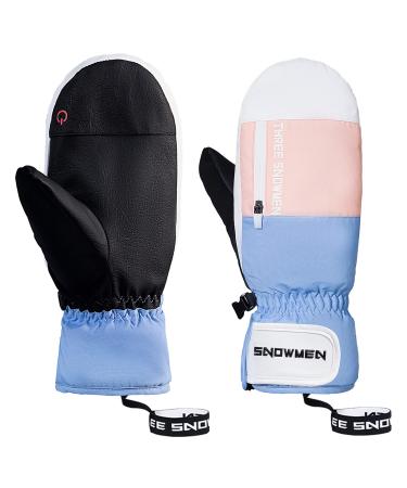 Ski Mittens for Women Men Waterproof Winter Snow Gloves Touchscreen Ski Gloves for Cold Weather Snowboard Snowmobile Medium Pink Blue White