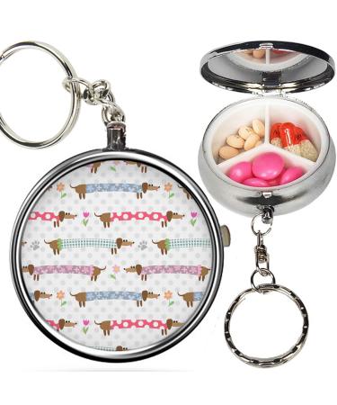 Pack of 2 - Portable Pill Organizer ( Cute Dachshunds Striped ) Metal Medicine Box 3 Compartment Stash Vitamin Meds Case with Keychain