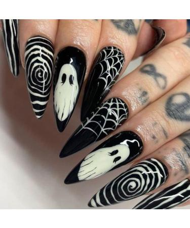 Halloween Horror Ghost Press on Nails Long Pointed Fake Nails Black White Stripe Spider Web Halloween Nail Art Designs Full Cover Glue on Nails Glossy Reusable Artificial False Nails for Women 24Pcs Halloween 11