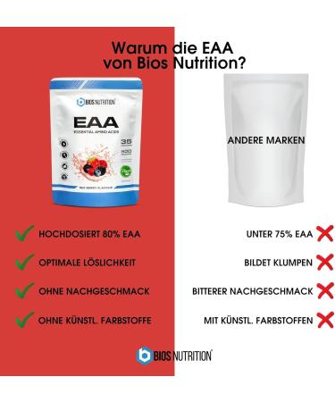 EAA Powder Red Berry 2x500g - Vegan Essential Amino Acids with 11g Protein - High Dose - BIOS Nutrition - Made in Germany - Buy Online on GoSupps.com