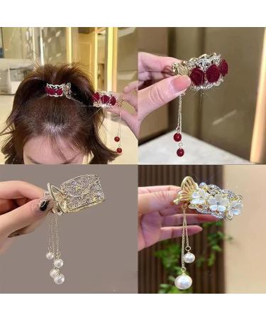 3Pcs Pearl Tassel Hair Clip Set | Flower Rhinestone Gold Hair Accessories for Women | Non-Slip Cute Hair Claw Clip for Thick Hair Styling | Mother's Day Gift - Buy Online on GoSupps.com