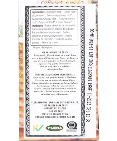 Flora Health Lemon Ginger Echinacea Organic Naturally Caffeine-Free Herbal Tea Kosher Non GMO Project Verified 16 Teabags 35.2g (16 x 2.2g) - Buy Online on GoSupps.com