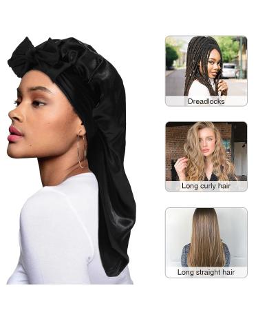 AWAYTR Long Satin Bonnet for Women - Double Layer Elastic Silk Hair Sleeping Cap (Black) - One Size - Buy Online on GoSupps.com