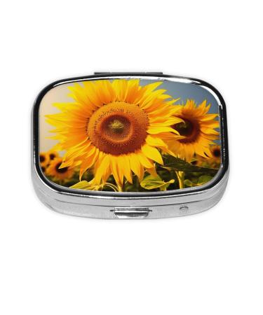 Sunflower Printing 2 Compartment Small Pill Case Cute Small Pill Box Purse Pill Boxs Travel Pill Organizer for Pocket Purse and Travel Gifts