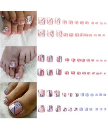 Press on Toenails 3 Pack (72 PCS) Square Short Full Cover Fake Toenails French Leopard Glitter Pink Purple Toe Nails Fake Nails with Glue Sticker and Nails File False Gel Toes Nails Tips Sets for women Teens Girls 007.Fr...