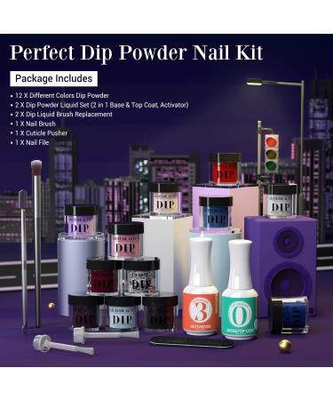AZUREBEAUTY Dip Powder Nail Kit: 19Pcs Starter Set with 12 Colors for French Nail Art Manicure - Pink Blue Nude Winter Dipping Powder System with Essential Liquid Set and 2-in-1 Base/Top Coat Activator - Urban Night Collection - Buy Online on GoSupps.com