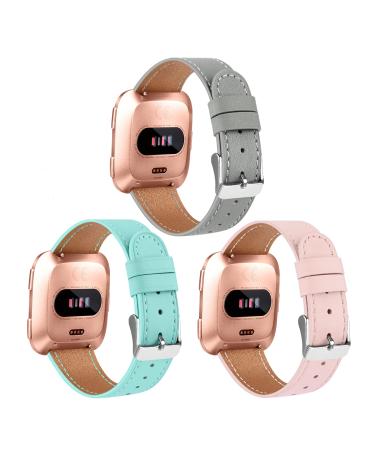 POHNUI 3 Pack Leather Bands Compatible with Fitbit Versa 2/Versa/Versa Lite/Versa SE for Women Men, Adjustable Soft Leather Replacement Strap Wristband for Fitbit Versa Smart Watch Green+Pink+Gray