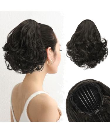 BARSDAR 22cm short ponytail extension comb clip short wavy ponytail hair exension cordelabin synthetic thick natural ponytail hair parts (dark brown) 22cm dark brown