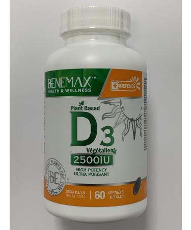 Benemax Vitamin D3 2500 IU For Healthy Bones Teeth and Helps Prevent Vitamin D Deficiency Plant Based & Vegan 60 Day Supply - Buy Online on GoSupps.com