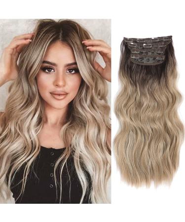 Ombre Blonde Clip In Hair Extensions UDU 4PCS 20inch Long Wavy Curly Hair Extensions Synthetic Fiber Thick Clip In Hair Extensions Natural Curly Hairpieces for Women Double Weft Full Head Hair Extension Ombre Dark Blonde