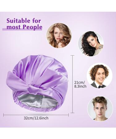 Arqumi Reusable Shower Cap with Ribbon Bow | Waterproof Double-Layer Bath Cap for Women Men | Large Elastic Hair Bonnet for Long Thick Hair - Purple C Shower Cap - Buy Online on GoSupps.com