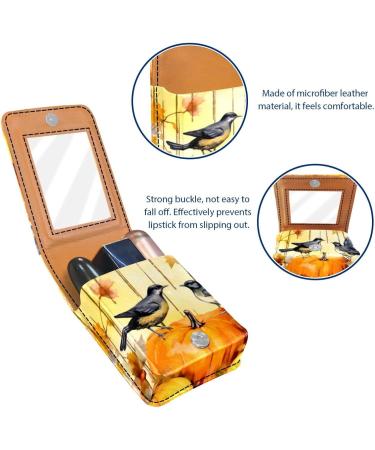 Lipstick Case - Stylish Leather Lip Gloss Organizer with Mirror | Mini Holder for Travel - Autumn Flowers & Pumpkins Design - Buy Online on GoSupps.com