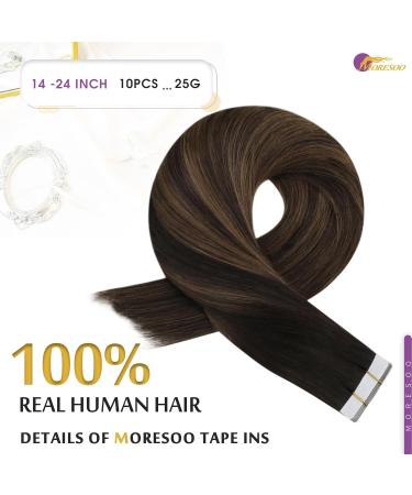 Moresoo Invisible Tape Extensions - Real Hair Balayage Brown 35cm | Dark to Light Brown #2/6/2 | 10 Piece 25g Adhesive Strip Extensions - Buy Online on GoSupps.com