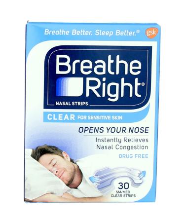 Breathe Right Nasal Strips - Clear - For Sensitive Skin - Sm / Med Clear Strips - 30 Count Strips Per Box - Pack of 3