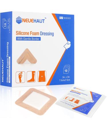 Silicone Adhesive Foam Dressing with Gentle Border 3''x3'' Bed Sore Pressure Ulcer Leg Ulcer Silicone Wound Bandage High Absorbency Waterproof 10 Pack by NeueHaut