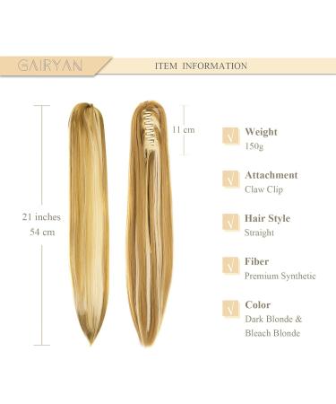 Gairyan Clip in Ponytail Hair Extensions 21 inch Ponytail Extension Long Straight Pony Tails Claw on Ponytail Synthetic Hairpieces for Women Soft Natural Look (Dark Blonde & Bleach Blonde) - Buy Online on GoSupps.com