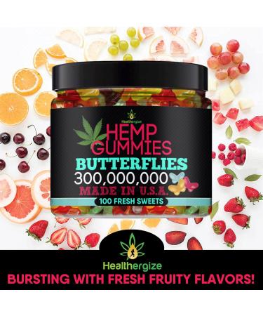 Premium Healthergize Hemp Gummies: Delicious Butterfly & Bear Shapes | Fresh Fruity Flavors | Natural Hemp Candy for Peace & Relaxation | Sleep, Stress Relief & Calm | Made in USA | 100 Count - Buy Online on GoSupps.com