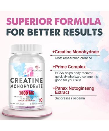 3000 MG Creatine Monohydrate Tablets for Men & Women | BCAA & Hydrolyzed Collagen Chews for Performance & Recovery | Dragon Fruit Flavor | 90 Count - Buy Online on GoSupps.com
