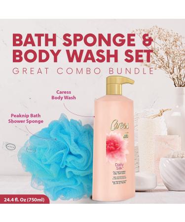 Caress Daily Silk Body Wash 25.4 oz. with Pump - White Peach & Orange Blossom for Silky Soft Skin - Includes Bath Sponge - Buy Online on GoSupps.com