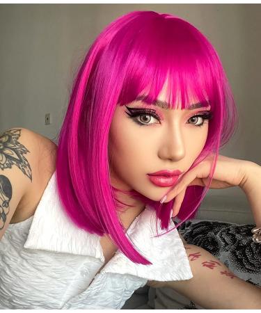 Annivia Hot Pink Short Bob Wig with Bangs - 12 inch Synthetic Straight Wig for Women - Halloween Cosplay Party Natural Hair-Like Wig (Hot Pink) - Buy Online on GoSupps.com