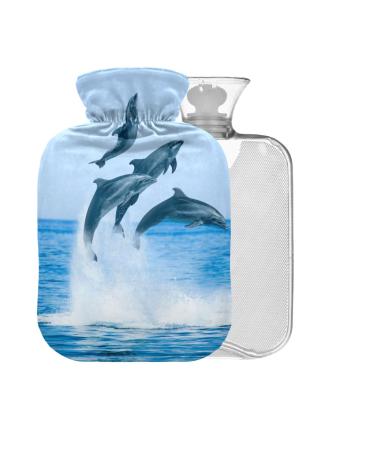 Sea Dolphins Jumping Hot Water Bottle with Cover 1L Small Hot Water Bag for Pain Relief Hot and Cold Compress BPA Free