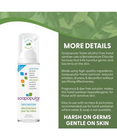 Soapopular Alcohol Free Foam Hand Sanitizer 0.15% Benzalkonium Chloride Hypoallergenic Fragrance Free Safer for Kids 180mL (Pack of 3) - Buy Online on GoSupps.com