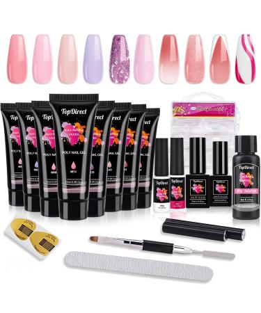 TopDirect Poly Nail Gel 8*15 ml Poly Gel Colours with White & Pink Liner Gel Nail Polish Builder Gel 100 False Nail Tips Base Top Coat Slip Solution Basic Manicure Tools Gift for Women Mix-2