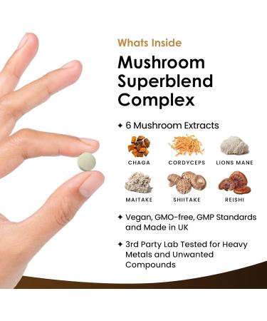 Mushroom Complex - Lions Mane + Cordyceps Chaga Reishi Shiitak Maitake Mushroomss Blend - High Potency Supplement - Made in The UK - 120 Tablets - Buy Online on GoSupps.com