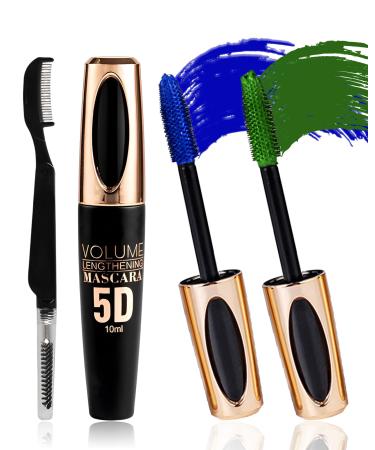 Green Blue Tubing Colored Mascara-2PCS Waterproof 5D Liquid Fiber Lash Mascara Long Lasting Mascara Volume and Length Natural Smudgeproof Curling Volumizing Colorful Mascara St Patrick's Women Makeup Blue+green
