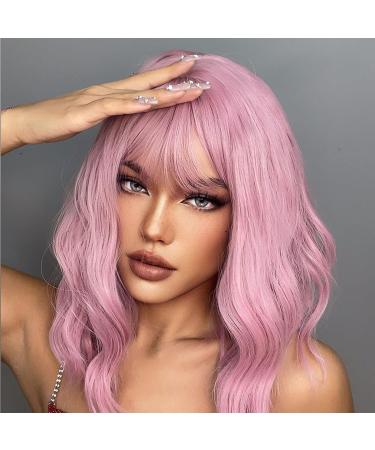Pretty Pink Short Wavy Bob Wig with Air Bangs - Shoulder Length Party Cosplay Fancy Dress Wig for Women (Pink) - Buy Online on GoSupps.com