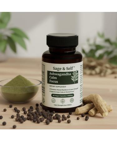 Sage & Self Ashwagandha Calm Focus Capsules Withania Somnifera Root Extract with Black Pepper 1000 mg Per Serving Vegan Herbal Supplement (60 Capsules) - Buy Online on GoSupps.com