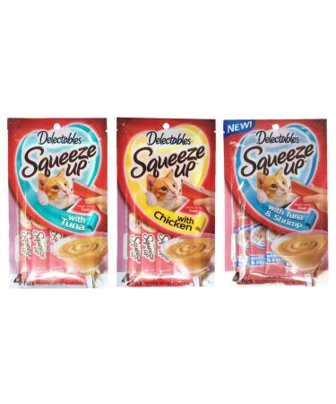 Delectables Squeeze Up Hartz Cat Treats Variety Pack Bundle of 3 Flavors (Tuna, Chicken, Tuna & Shrimp 2.0 oz Each)